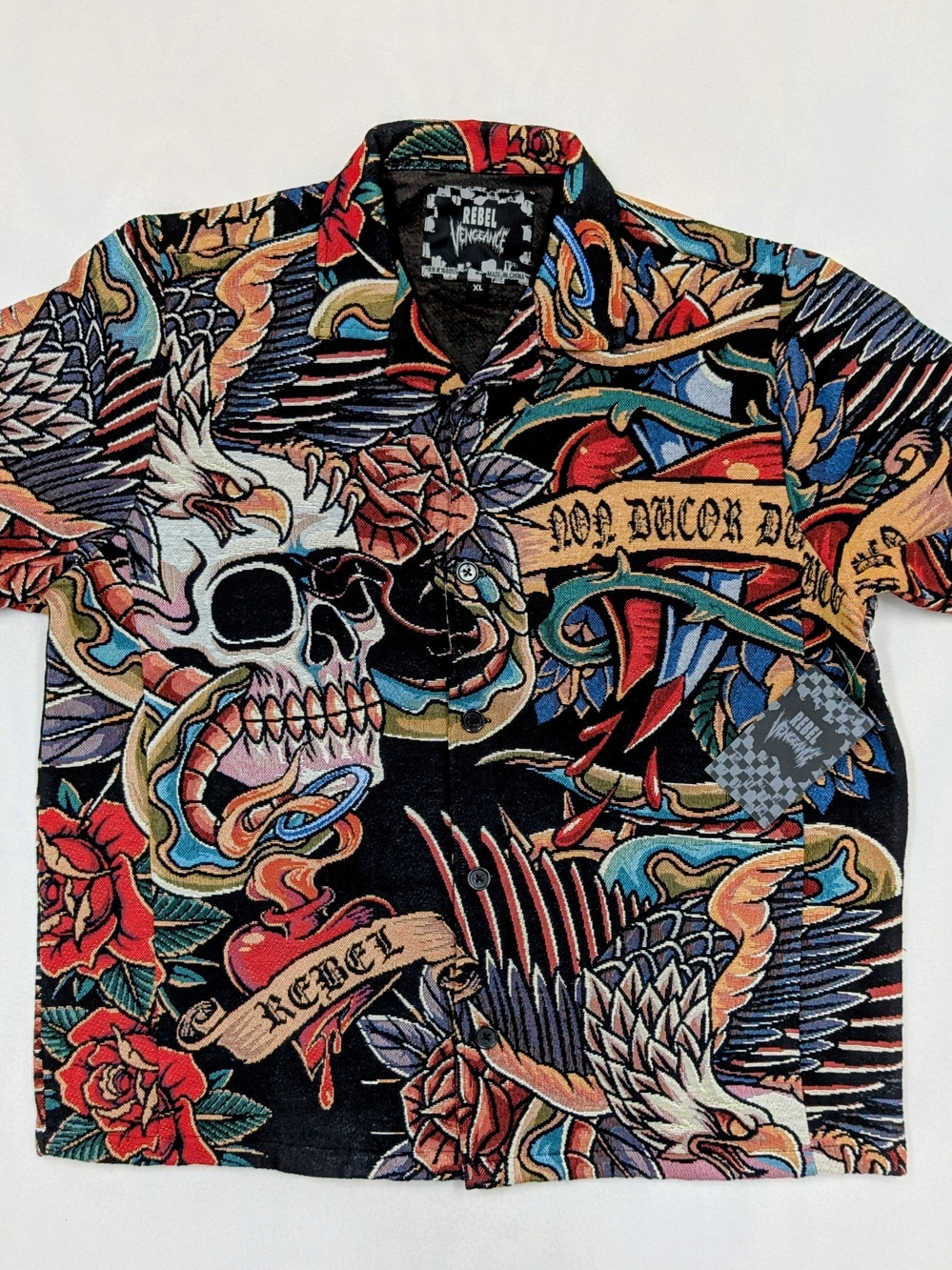 Rebel Vengeance Tapestry Shirt Skull Rose Eagle Tattoo Print NWT XL